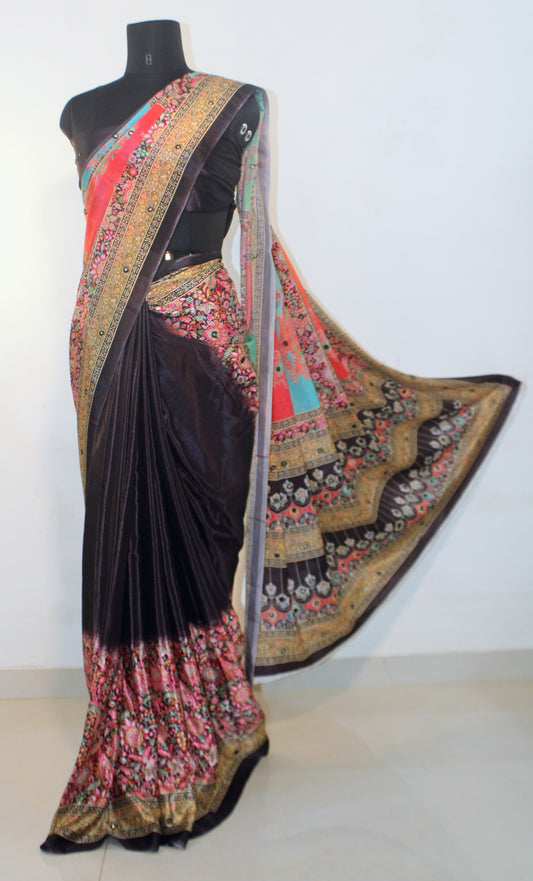 Dark wine Chinon silk saree laid flat—featuring shimmering mirror embellishments and soft, flowy texture