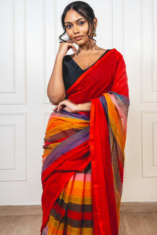 Soft cotton saree in red with bold rainbow-inspired print