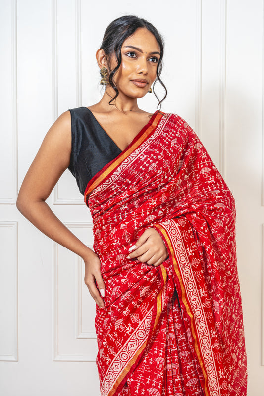 Chanderi cotton Red saree with warli print and thin golden zari border
