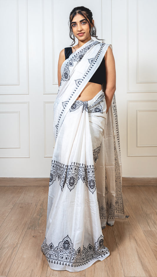 White cotton saree adorned with Black intricate print