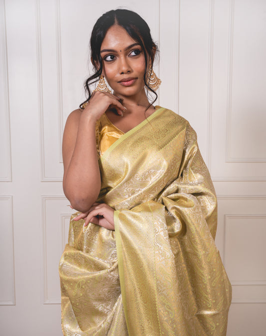 Close-up of golden jacquard weave on light green litchi silk saree—showcasing intricate craftsmanship and shimmering finesse