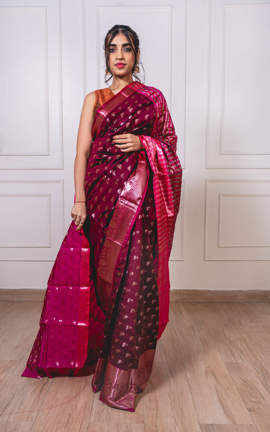 Close-up of Reshim Nath butta on soft semisilk saree—highlighting delicate craftsmanship and traditional elegance.