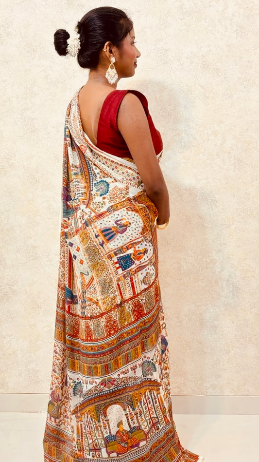 Flow & Glow: Chiffon Saree with Heritage Pashmina Prints