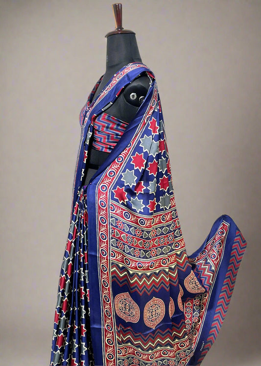 Mannequin wearing royal blue Modal silk saree—styled for festive evenings, elegant gatherings, and timeless statement dressing.