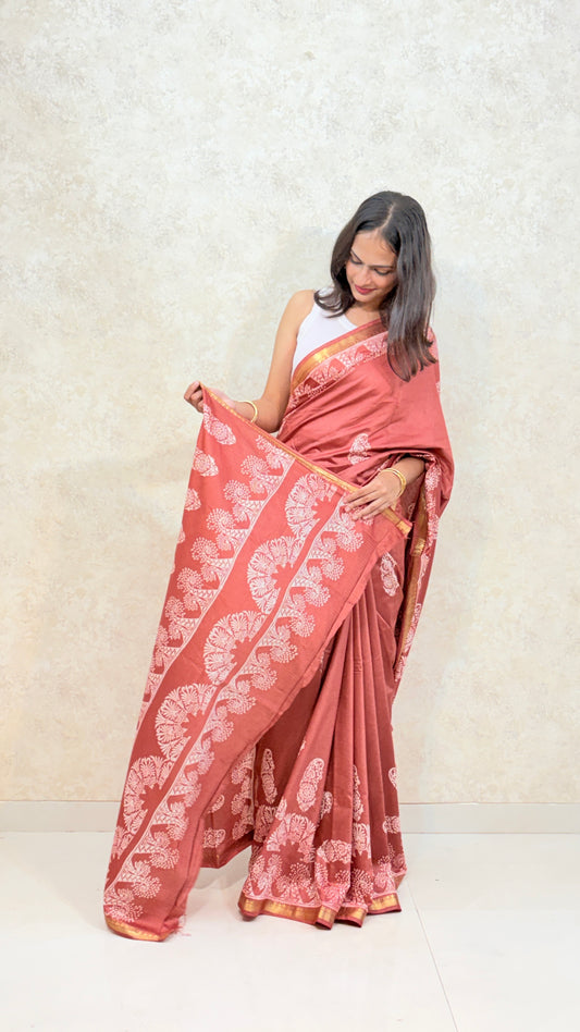 Chanderi Silk Saree with Beautiful contrast Block Prints