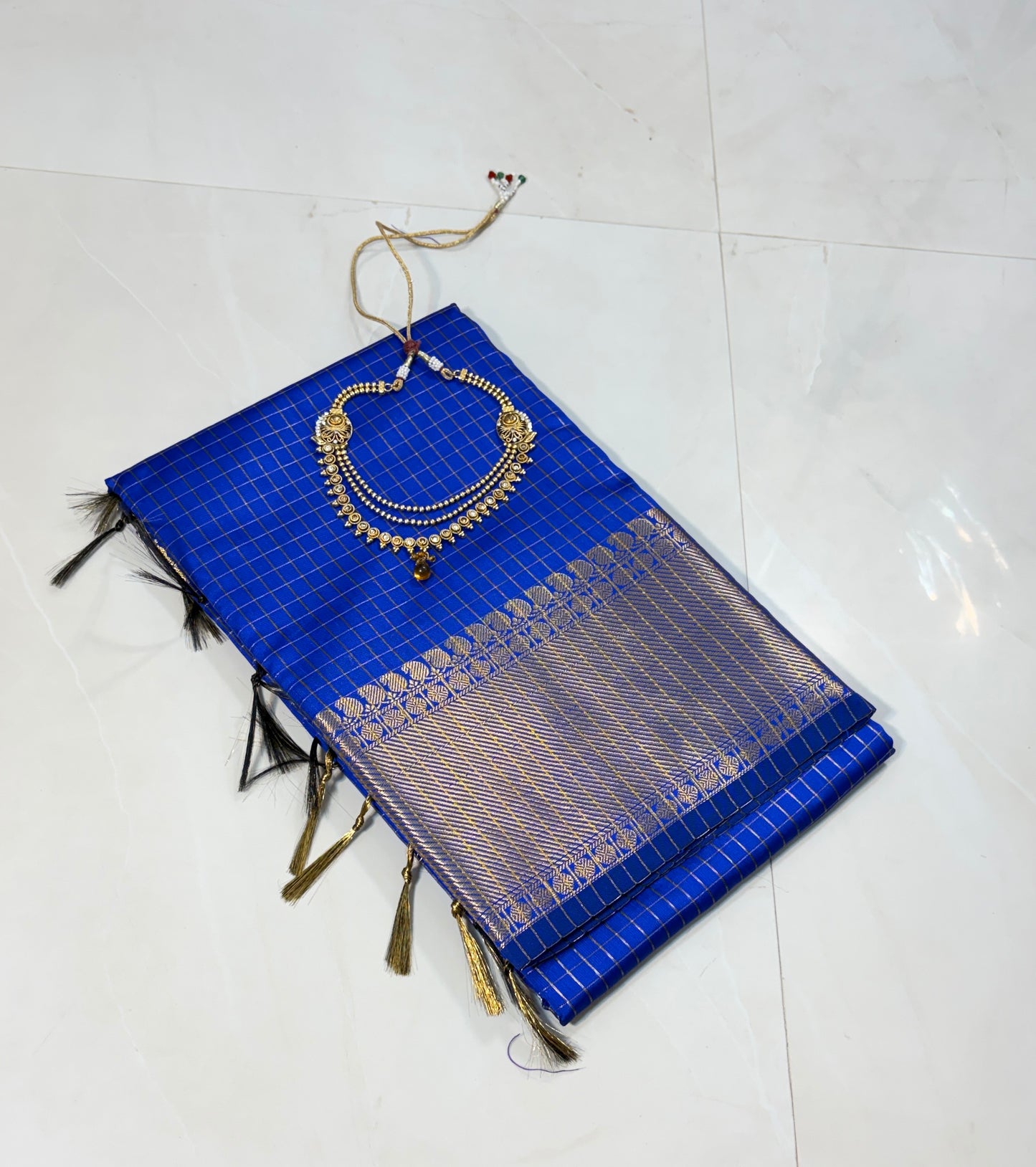 Semi Kanchi Silk sarees :Golden Grid Elegance
