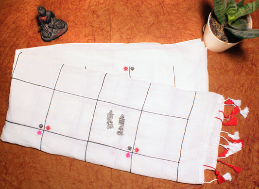 Close-up of pastel checks on white cotton saree—highlighting subtle contrast and airy weave.