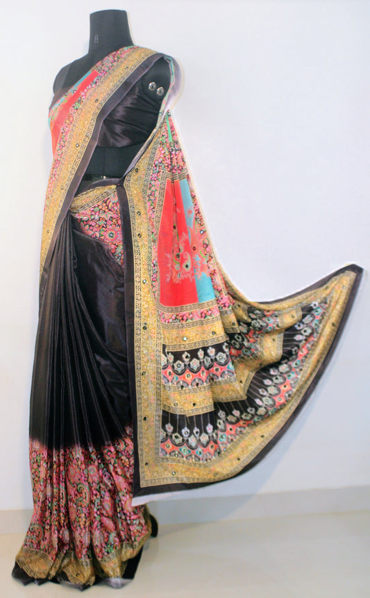 Maniqueen wearing dark wine Chinon silk saree with mirror work—styled for Navaratri garba nights and festive elegance.