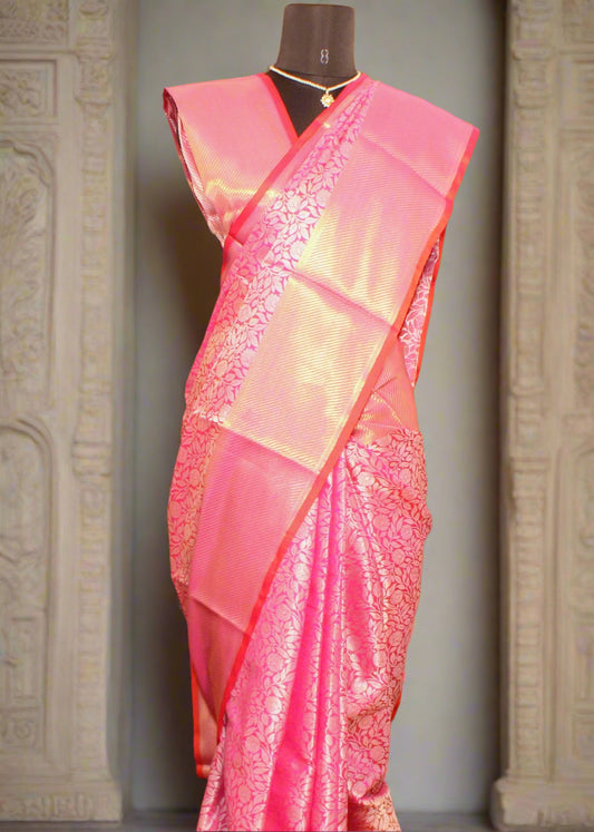 Charming pink saree from Elite Threads—styled for graceful elegance with heirloom drape and Nita Ambani–inspired detailing.