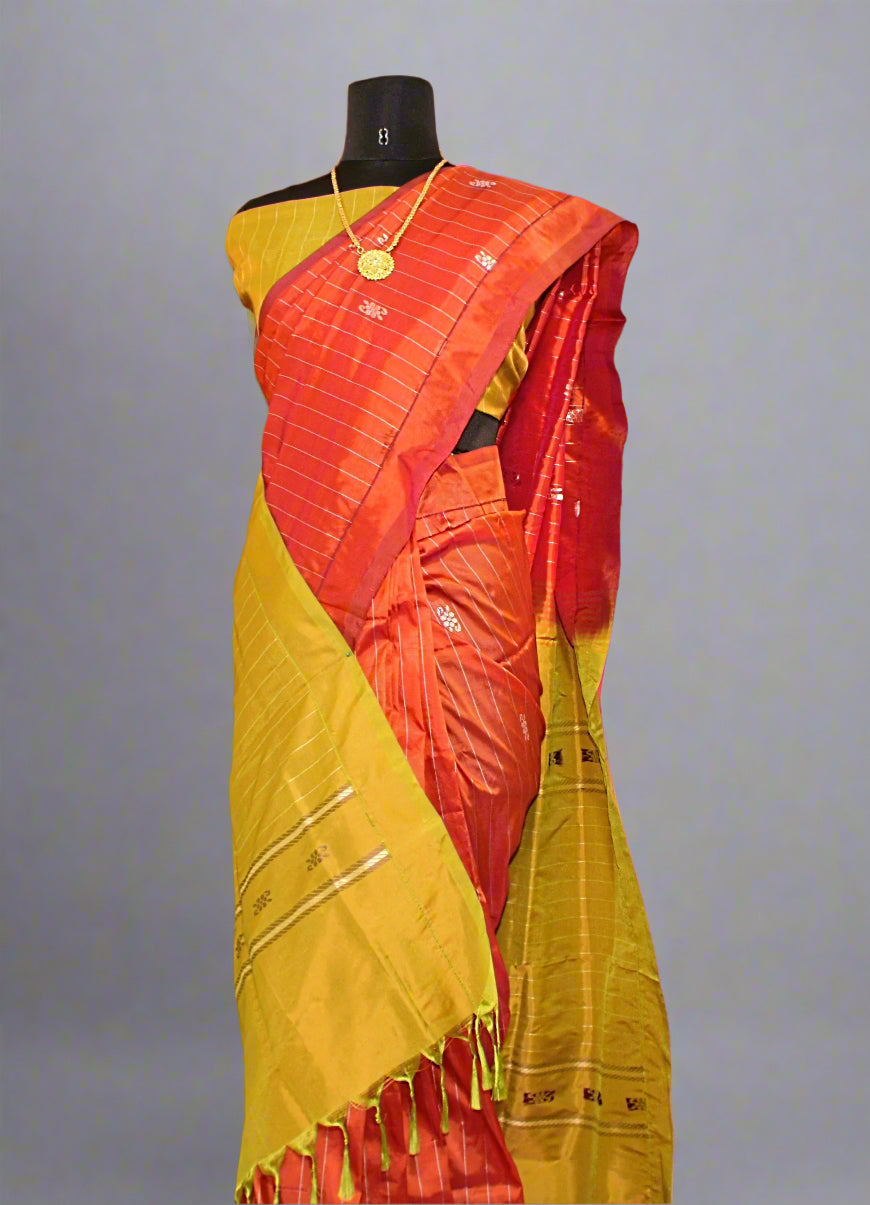 Close-up of Banana Pith saree fabric with linear Resham embroidery and rich contrast weave—highlighting texture and artisanal finesse