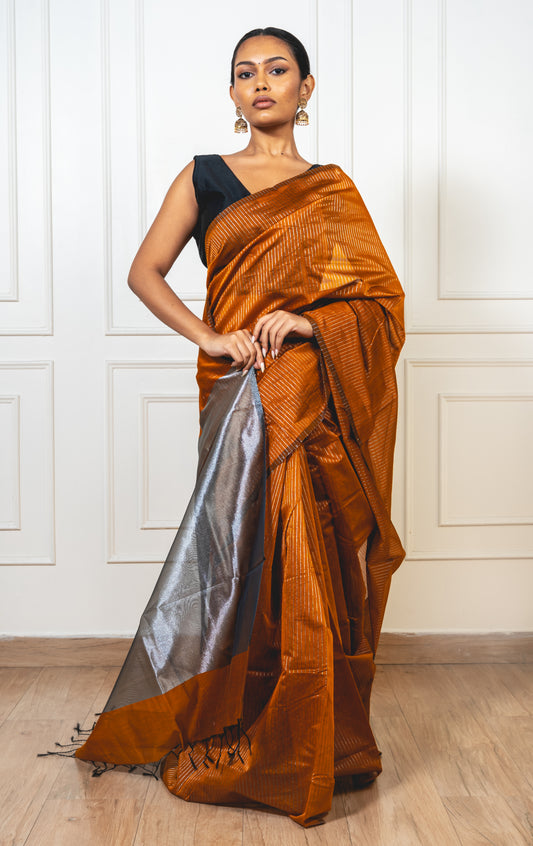 Maheshwari cotton silk Rust saree with Silver Zari lines and pallu
