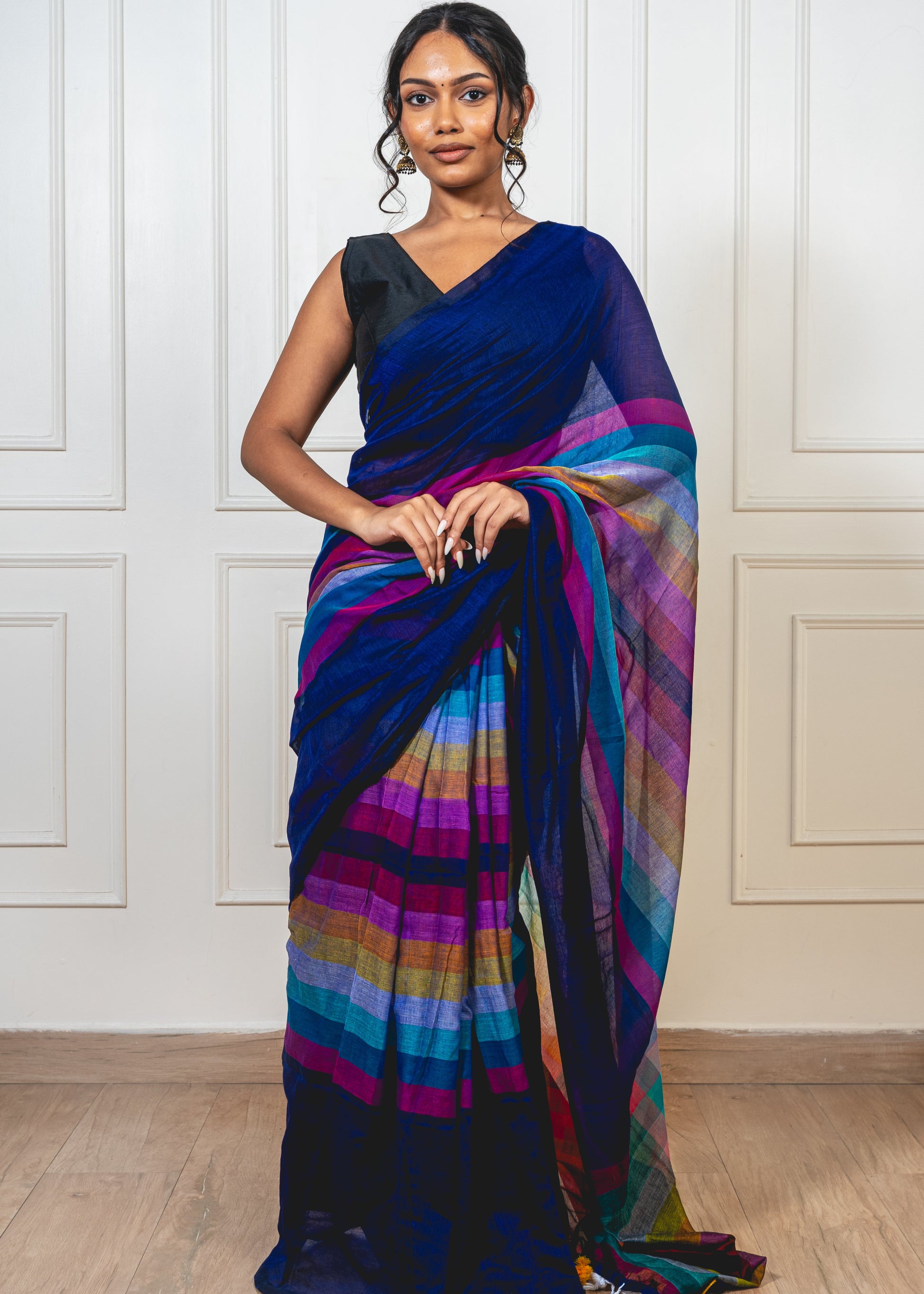 Navy blue Satrangi mul cotton saree with geometric rainbow patterns