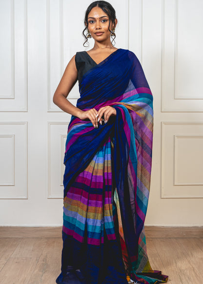 Navy blue Satrangi mul cotton saree with geometric rainbow patterns