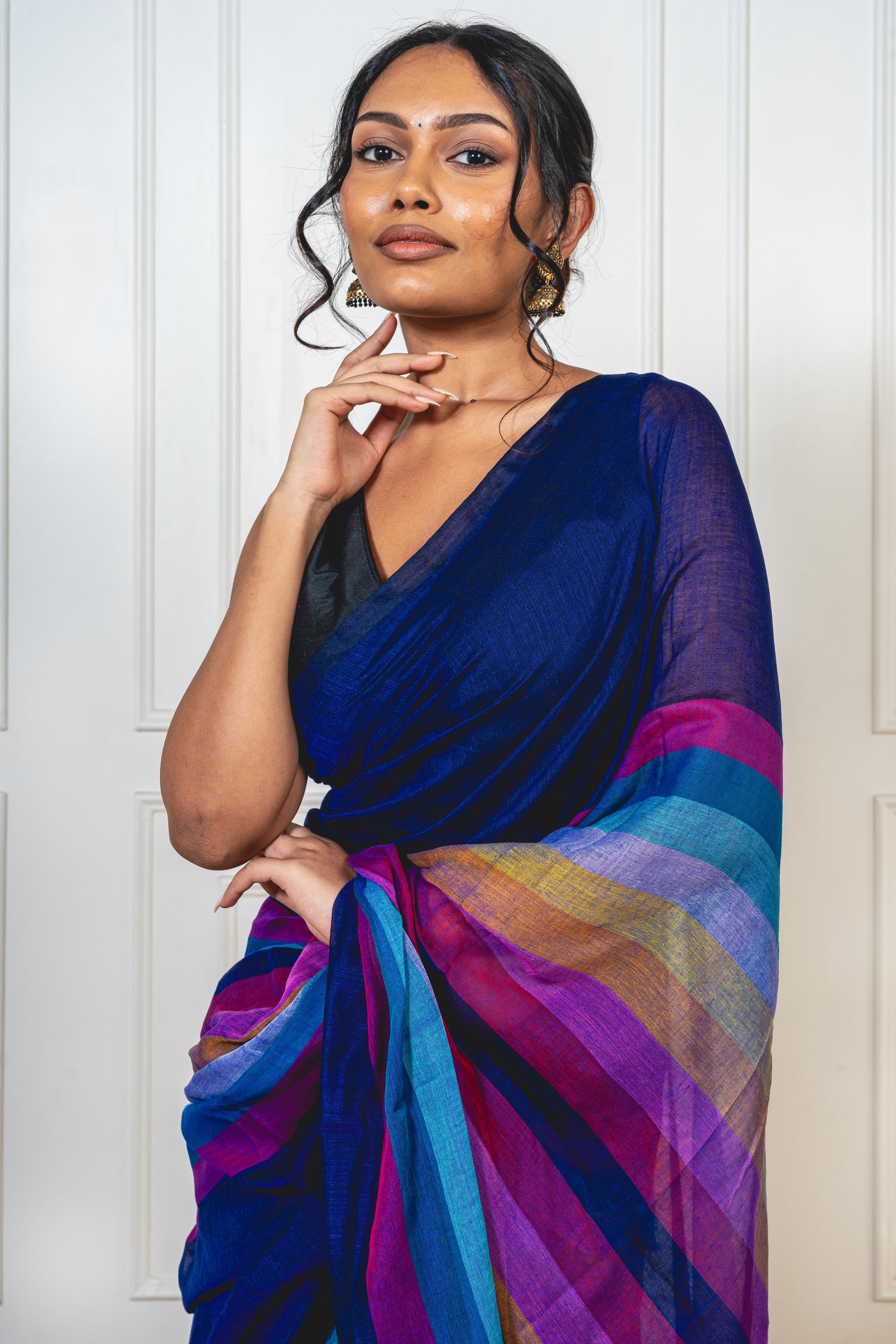 Lightweight mul cotton saree in navy blue with vibrant multicolor design