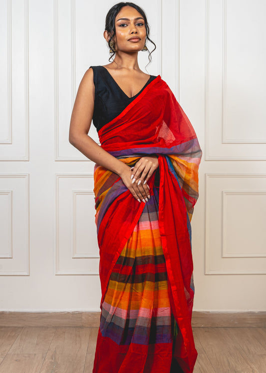 Red Satrangi mul cotton saree with geometric rainbow patterns
