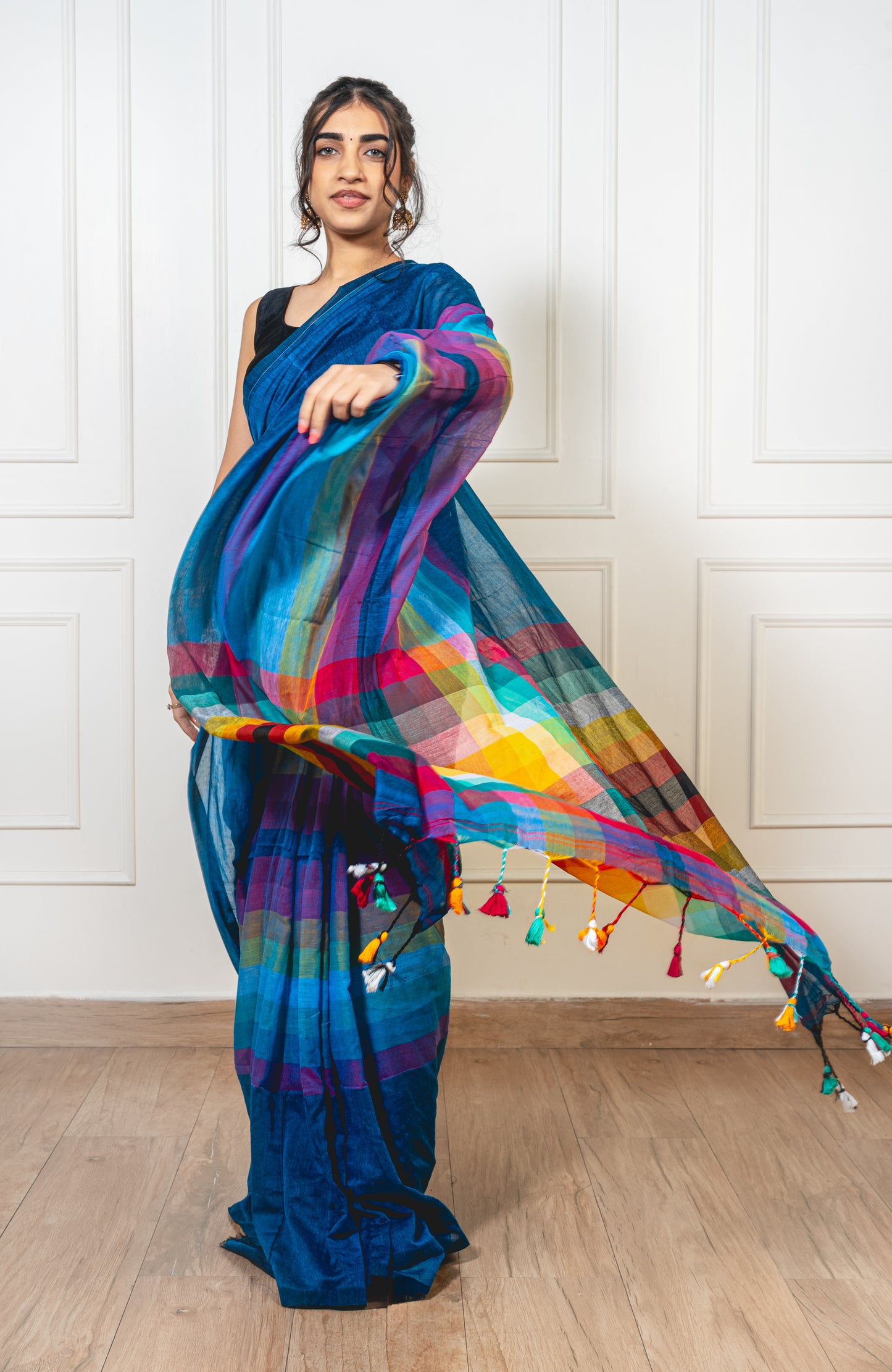 - Teal blue Satrangi mul cotton saree with geometric rainbow patterns
