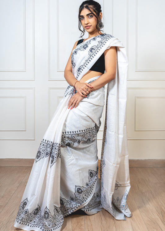 White cotton saree adorned with Black intricate print