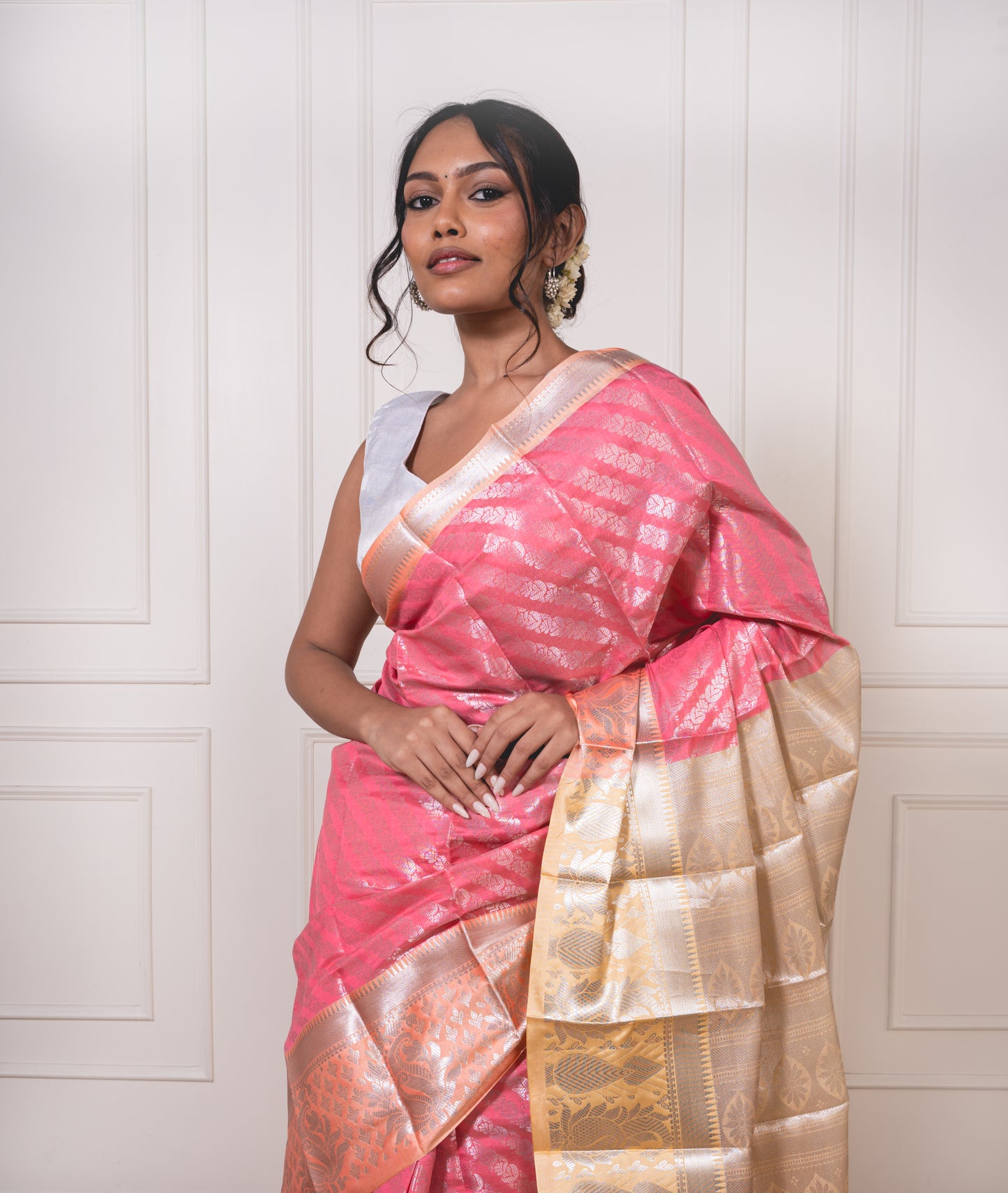 Silver Zari Sparkles-Semisilk saree in Peach