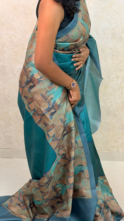 Model draped in Art Silk Saree featuring bold abstract border design and rich texture
