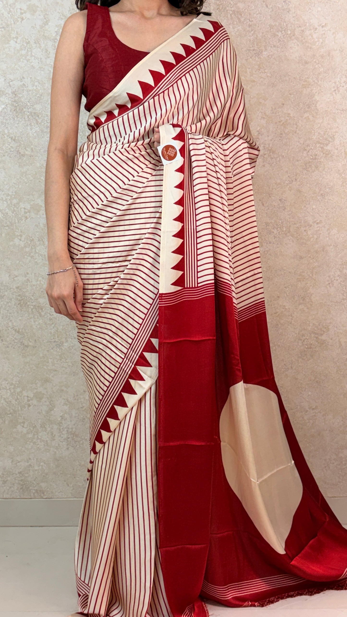 Female model showcasing Verti-cool Vibes in Modal Silk Saree, perfect for day-to-evening wear