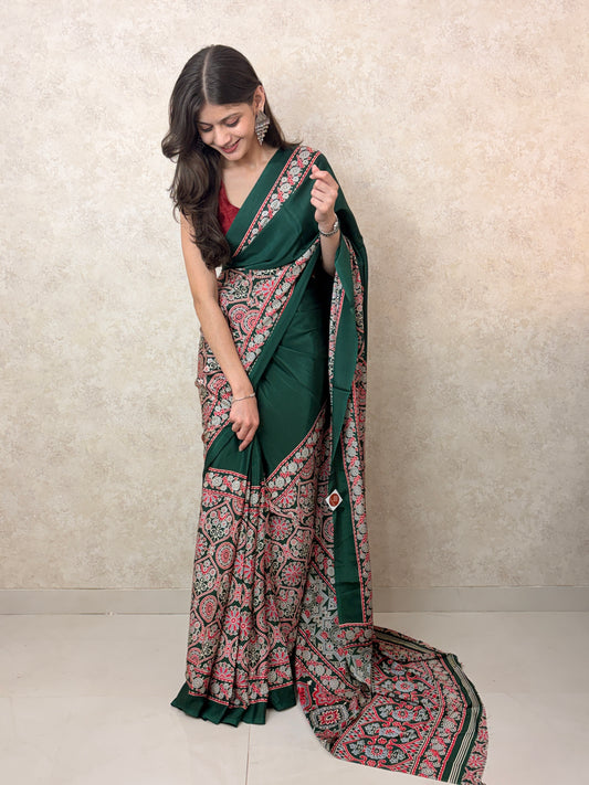 Model draped in Ajrakh Allure Modal Silk Saree, showcasing handcrafted design and graceful charm