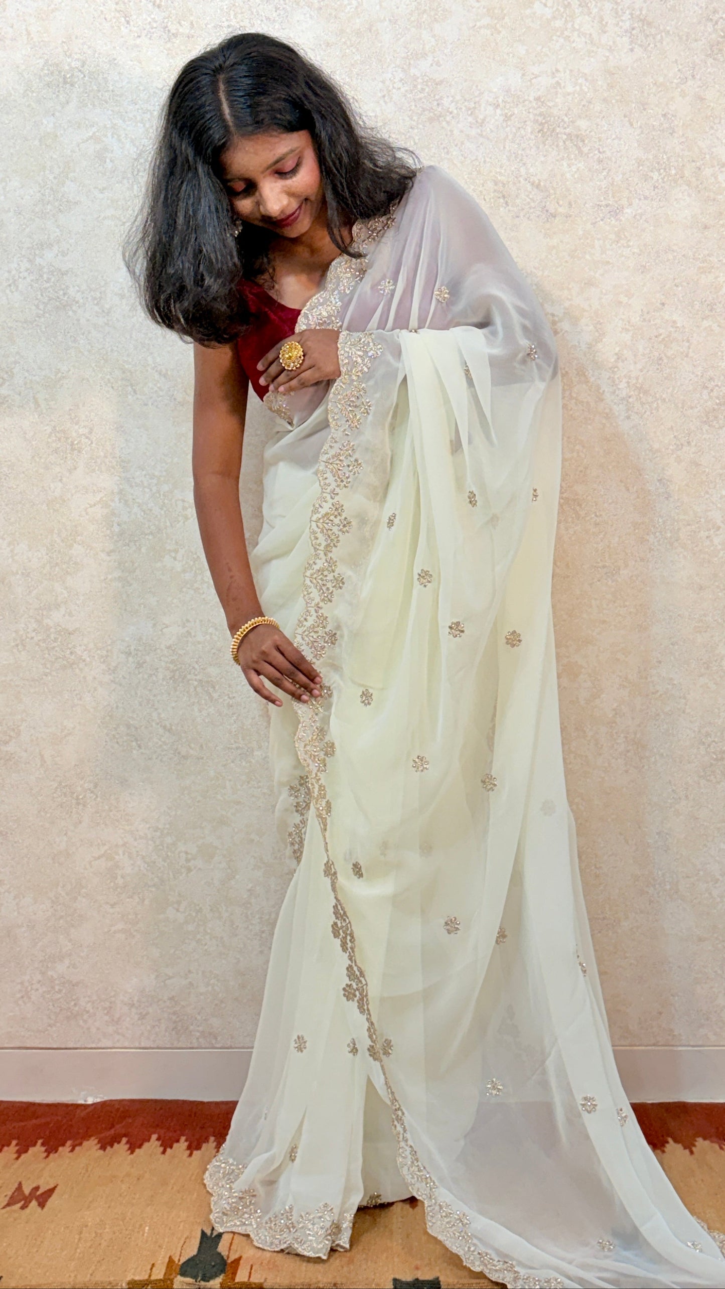 Party‑Perfect Georgette Saree with Golden Embellishments