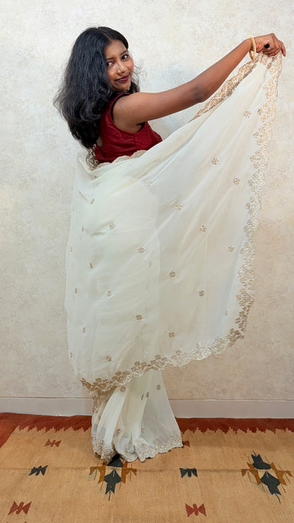 Party‑Perfect Georgette Saree with Golden Embellishments