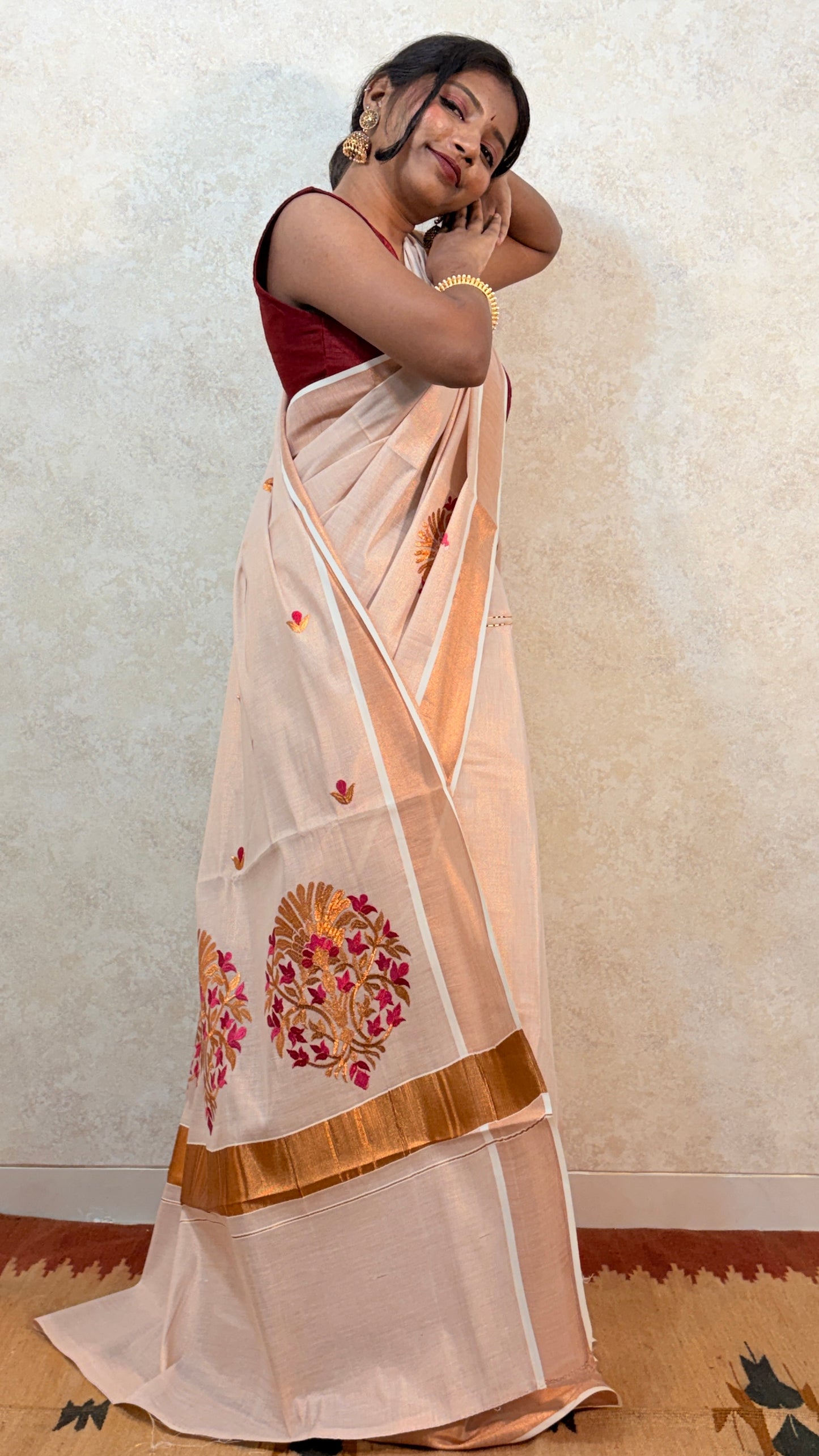 Kerala Kasavu Saree with Designer Embroidery Work