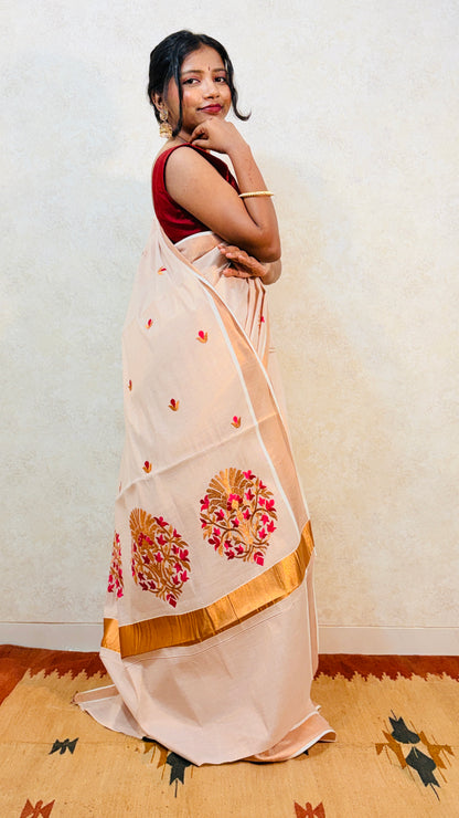 Kerala Kasavu Saree with Designer Embroidery Work