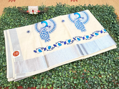 Kerala Kasavu Saree with Designer Embroidery Work