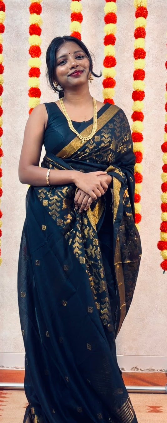 Trendy Linen Saree with Designer Geometric Zari border