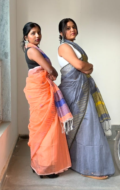 Elegant Cotton Linen  Saree with weaved border