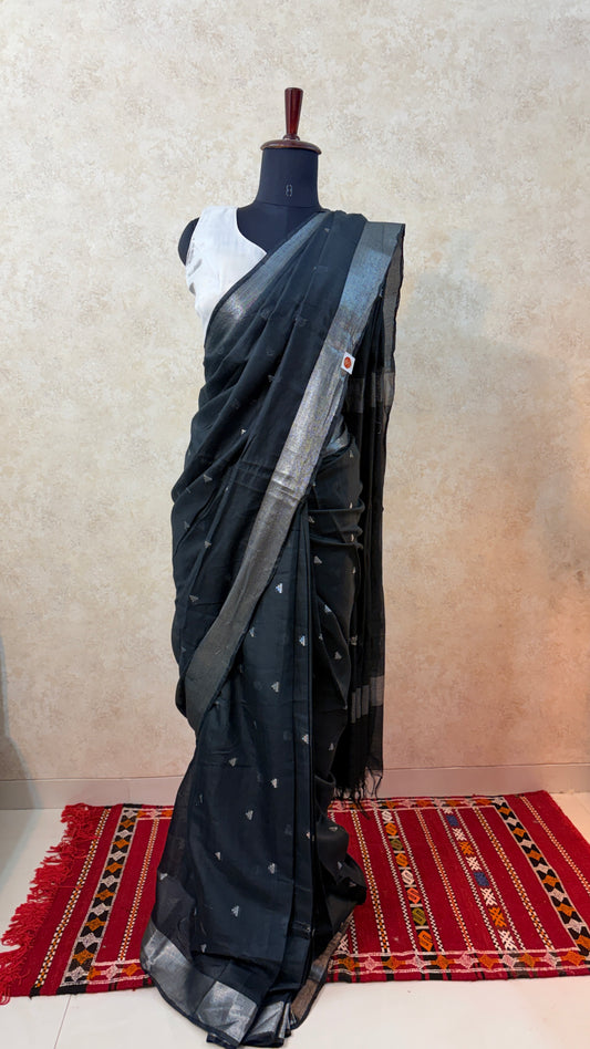 Maheshwari Cotton Silk Pre-Stitched Saree with silver  zari border
