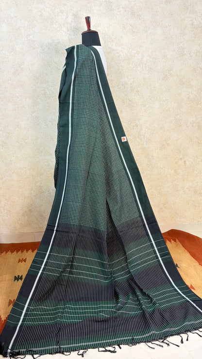 Patteda Anchu Linen Saree-Tradition woven in checks with Ganga Jamuna Border