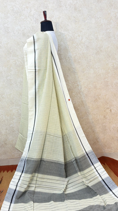 Patteda Anchu Linen Saree-Tradition woven in checks with Ganga Jamuna Border