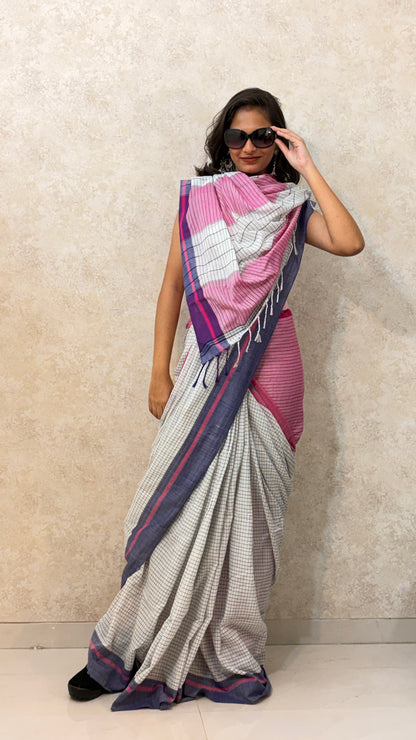 Patteda Anchu Linen Saree-Tradition woven in checks with Ganga Jamuna Border