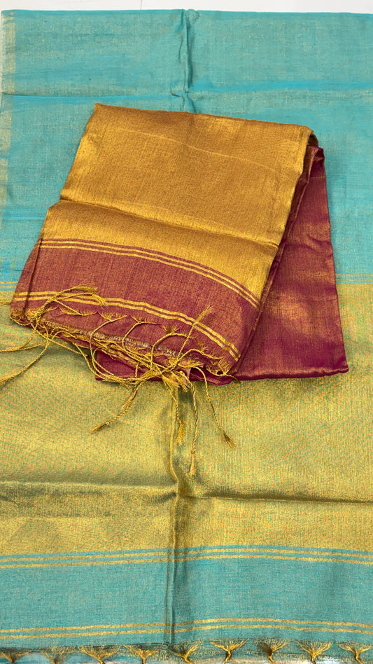 Khadi Tissue Saree with  Thin Golden border :Ideal for small festive occasions