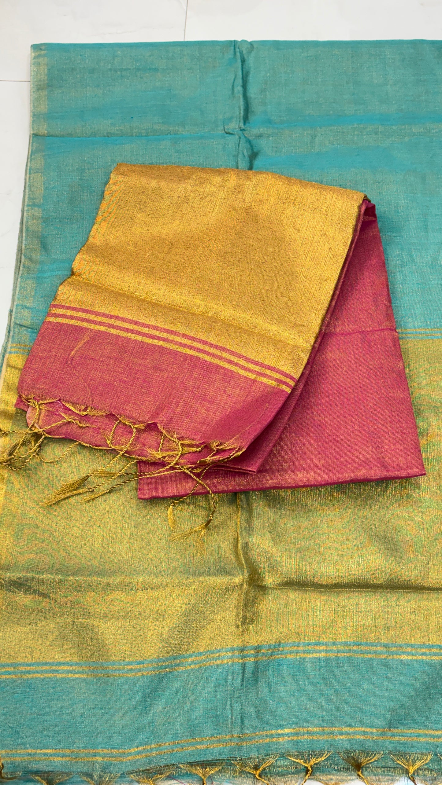 Khadi Tissue Saree with  Thin Golden border :Ideal for small festive occasions