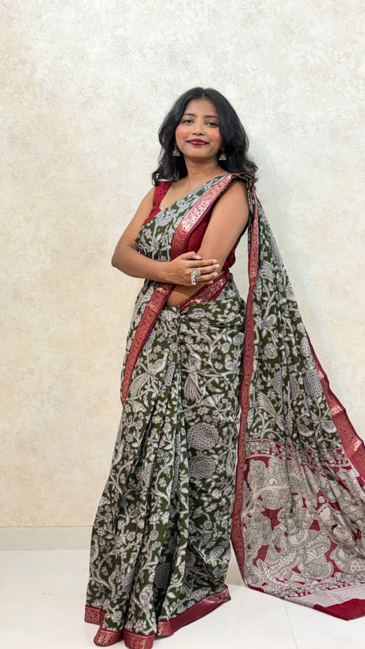Kalamkari Print Saree with Nizam Border