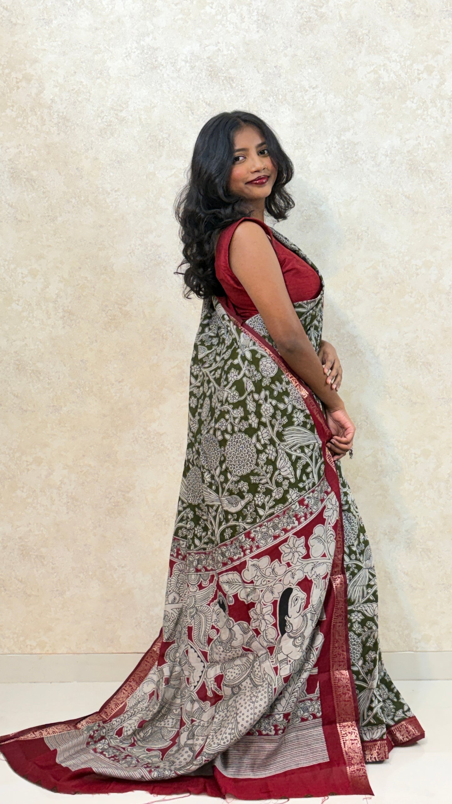 Kalamkari Print Saree with Nizam Border