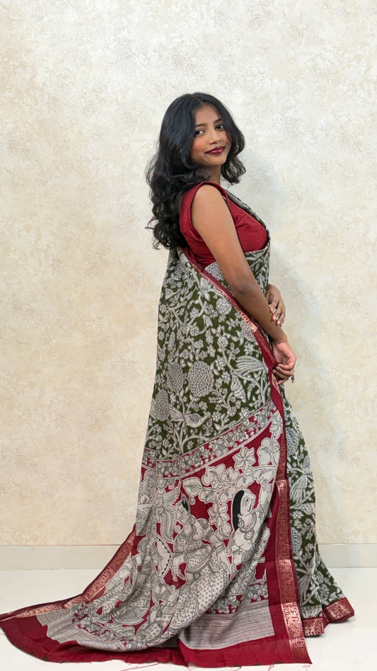 Kalamkari Print Saree with Nizam Border