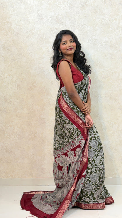 Kalamkari Print Saree with Nizam Border