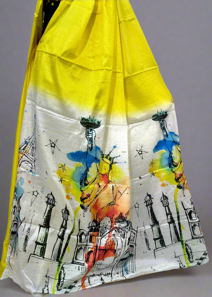 Close-up of Seven Wonders print on lemon yellow cotton saree—highlighting artistic motifs and lightweight weave.