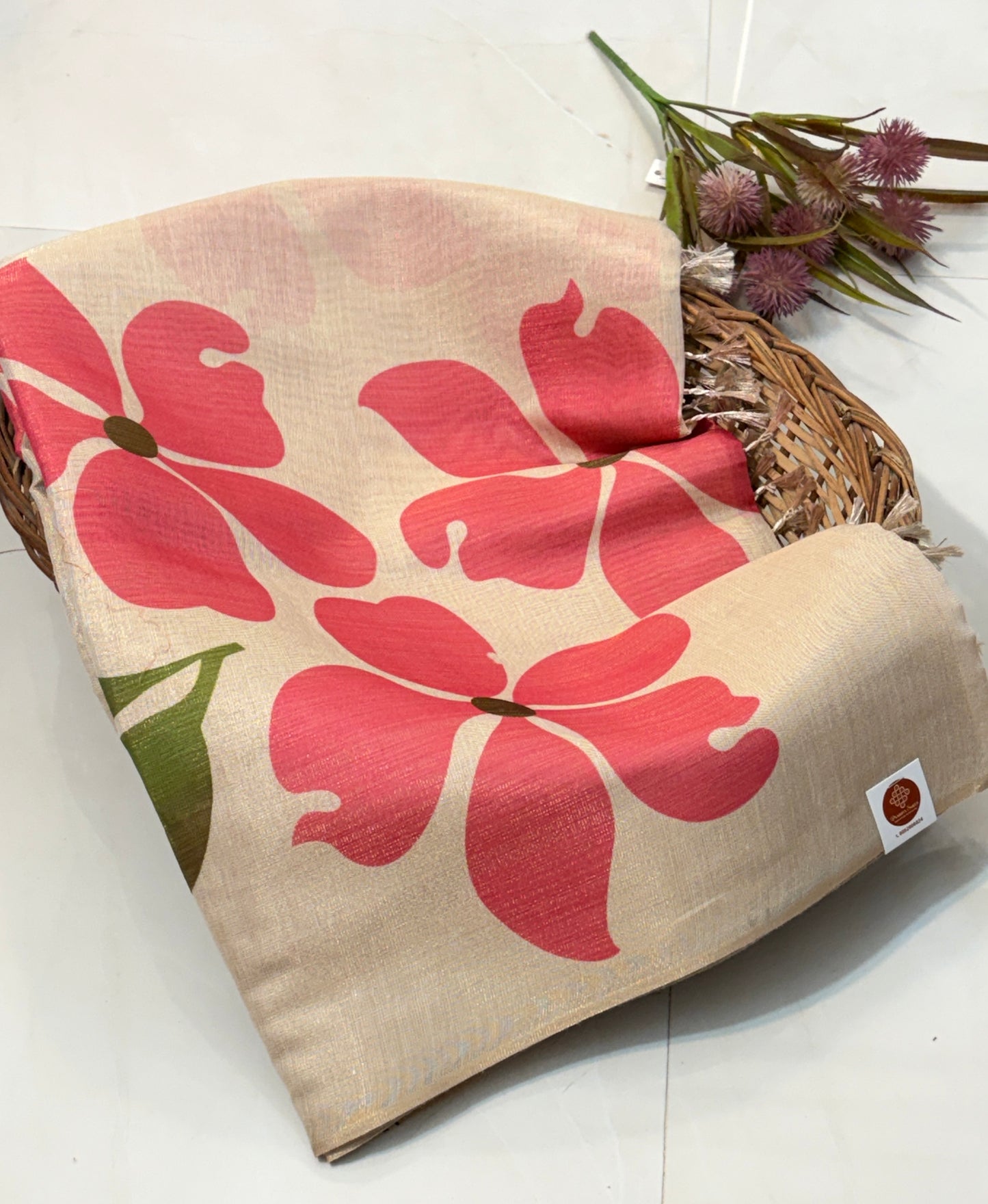 Cotton silk Beige sarees with floral Prints