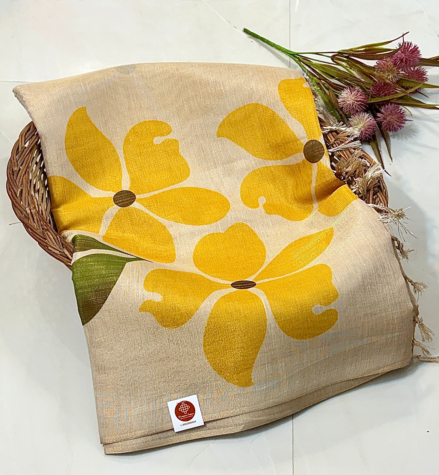 Cotton silk Beige sarees with floral Prints
