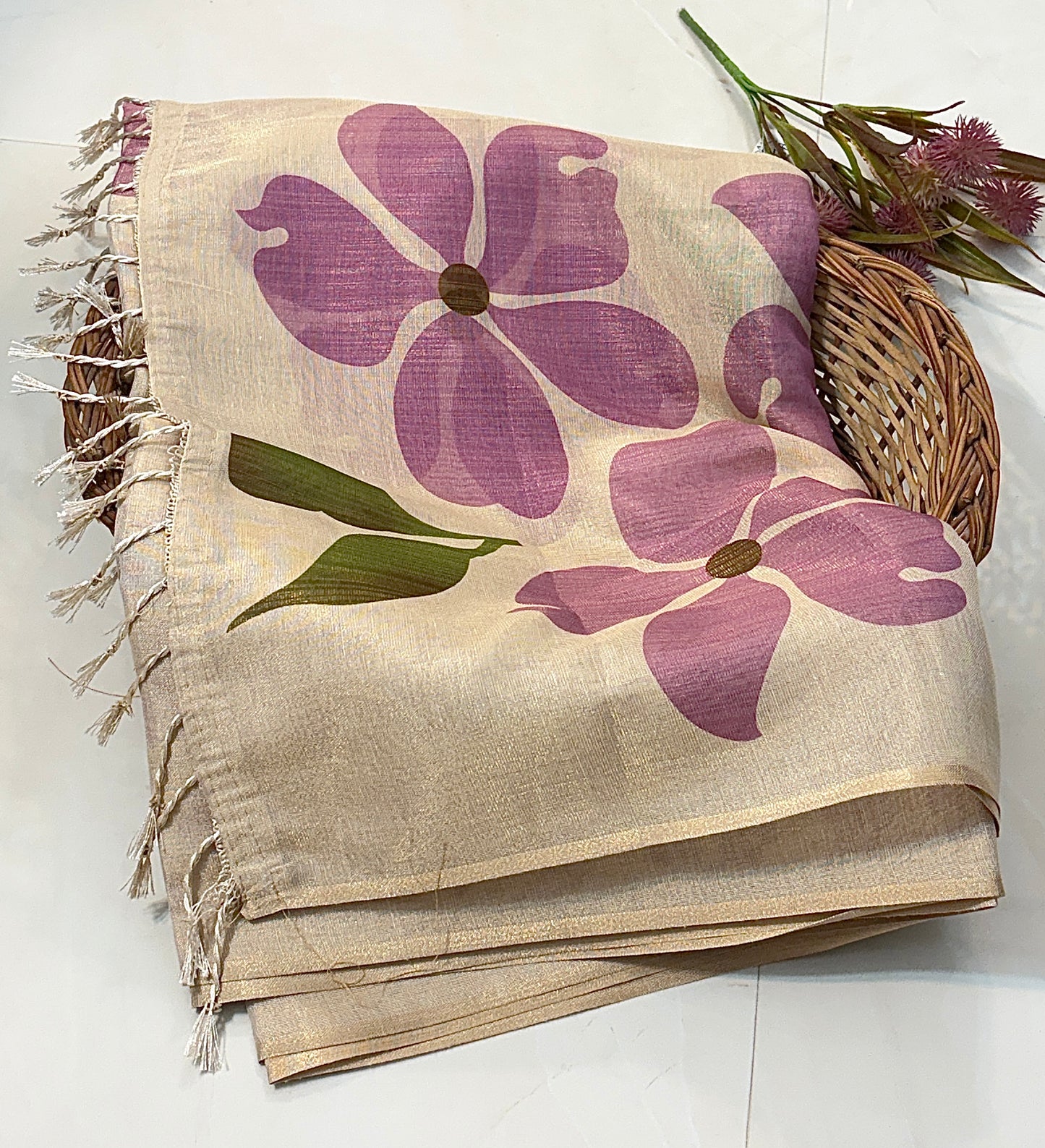 Cotton silk Beige sarees with floral Prints