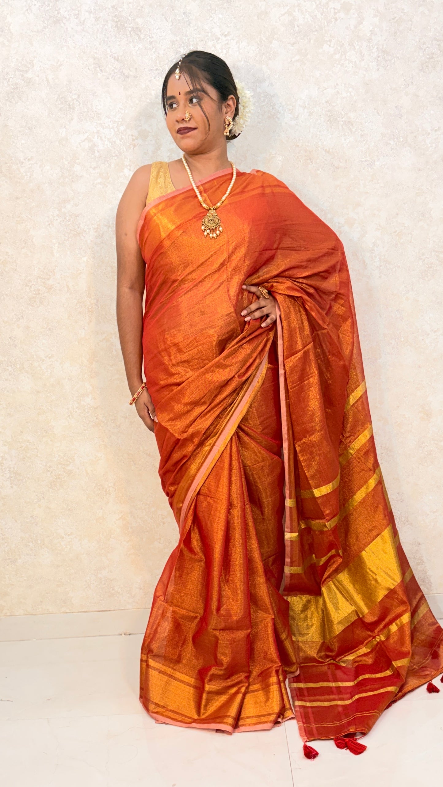 Khadi Tissue Sari with Thick Golden Border for Festive Vibes
