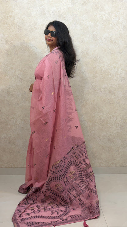 Cotton Silk saree with Warli embroidery border and Pallu.