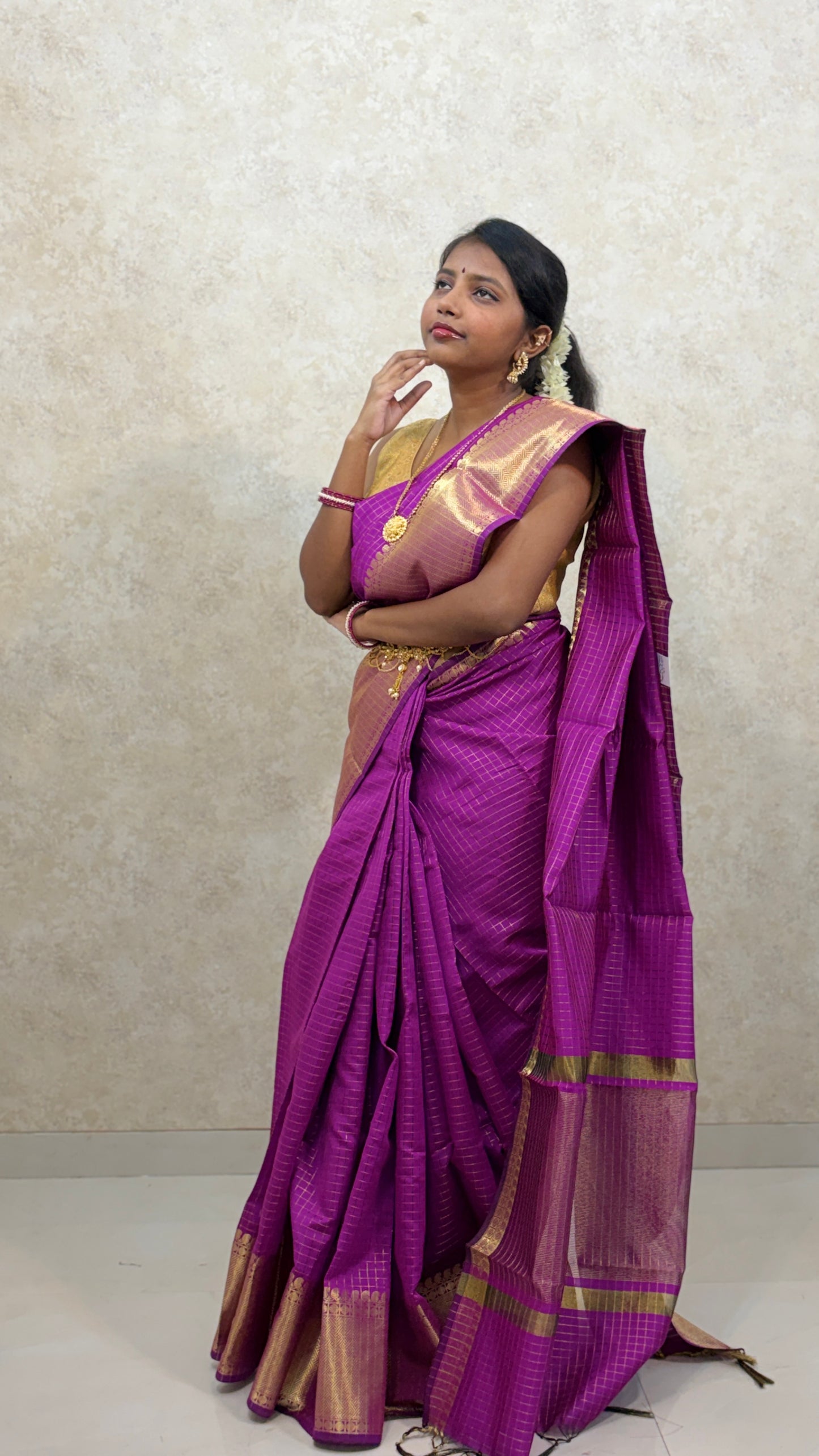 Semi Kanchi Silk sarees :Golden Grid Elegance