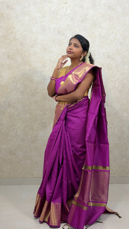 Semi Kanchi Silk sarees :Golden Grid Elegance